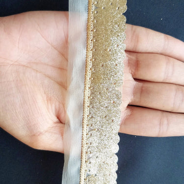 Beige Sheer Fabric Trim Embroidered With Beige Silk Thread And Glitter Gold Sequins, Approx. 33mm Wide -